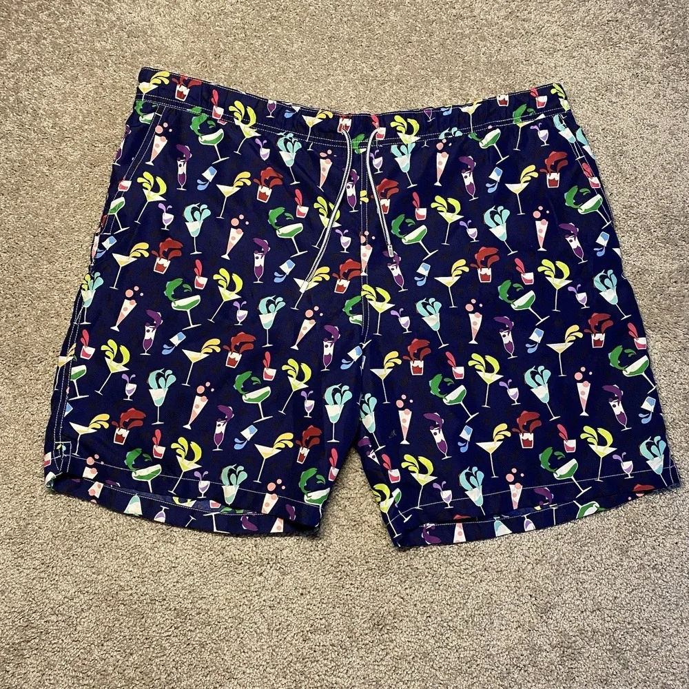 Peter Millar Mens XL Swim Trunks Navy Blue Cocktail‎ Drink Print Mesh Lined 7in